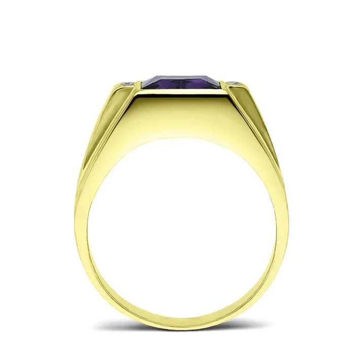 10K Real Yellow Fine Gold Purple Amethyst Ring For Men 4 Natural Diamond Accents