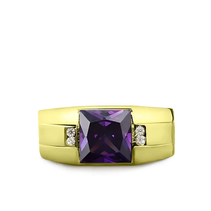 10K Real Yellow Fine Gold Purple Amethyst Ring For Men 4 Natural Diamond Accents