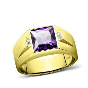 10K Real Yellow Fine Gold Purple Amethyst Ring For Men 4 Natural Diamond Accents