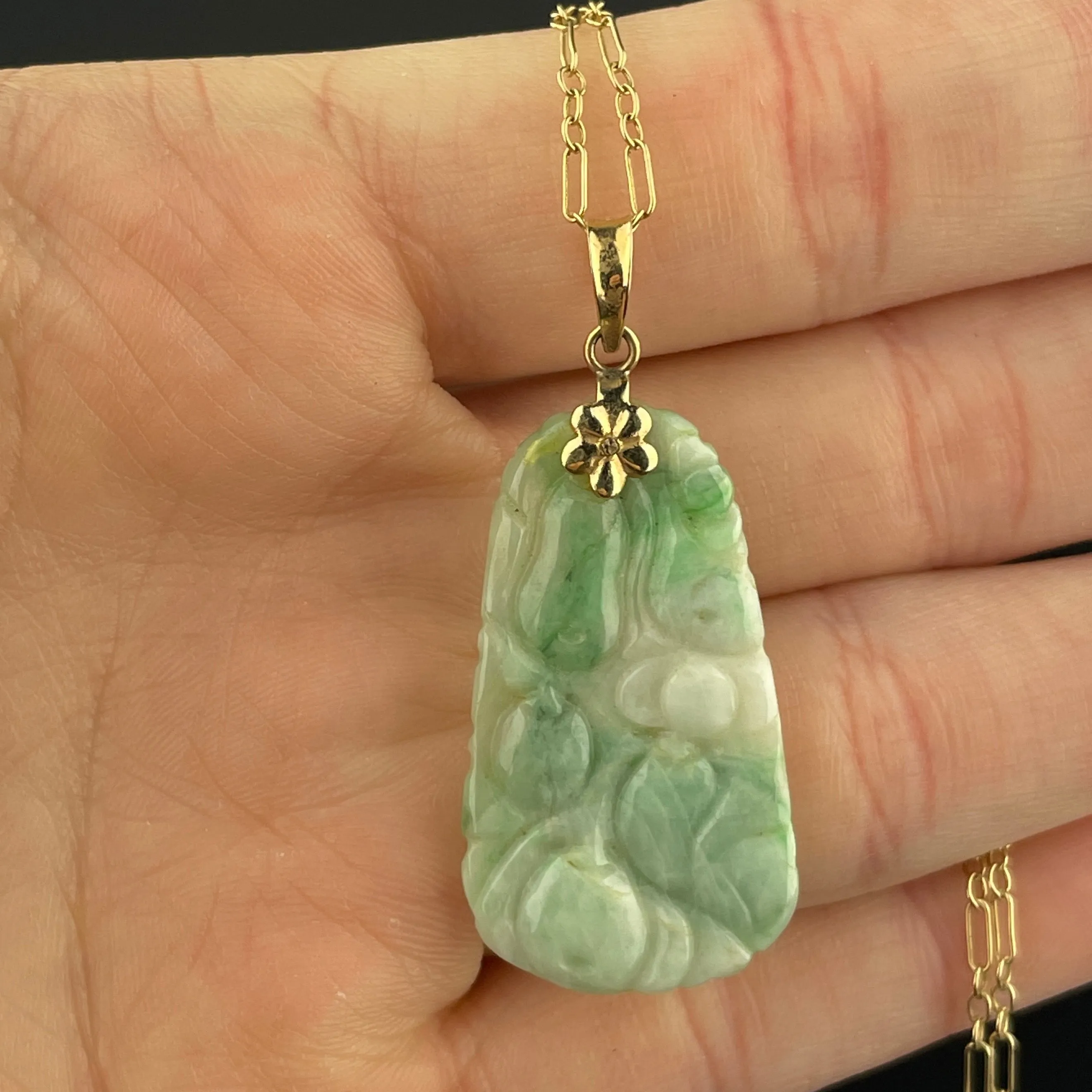 14K Gold Carved Green and White Jade Pendant Necklace