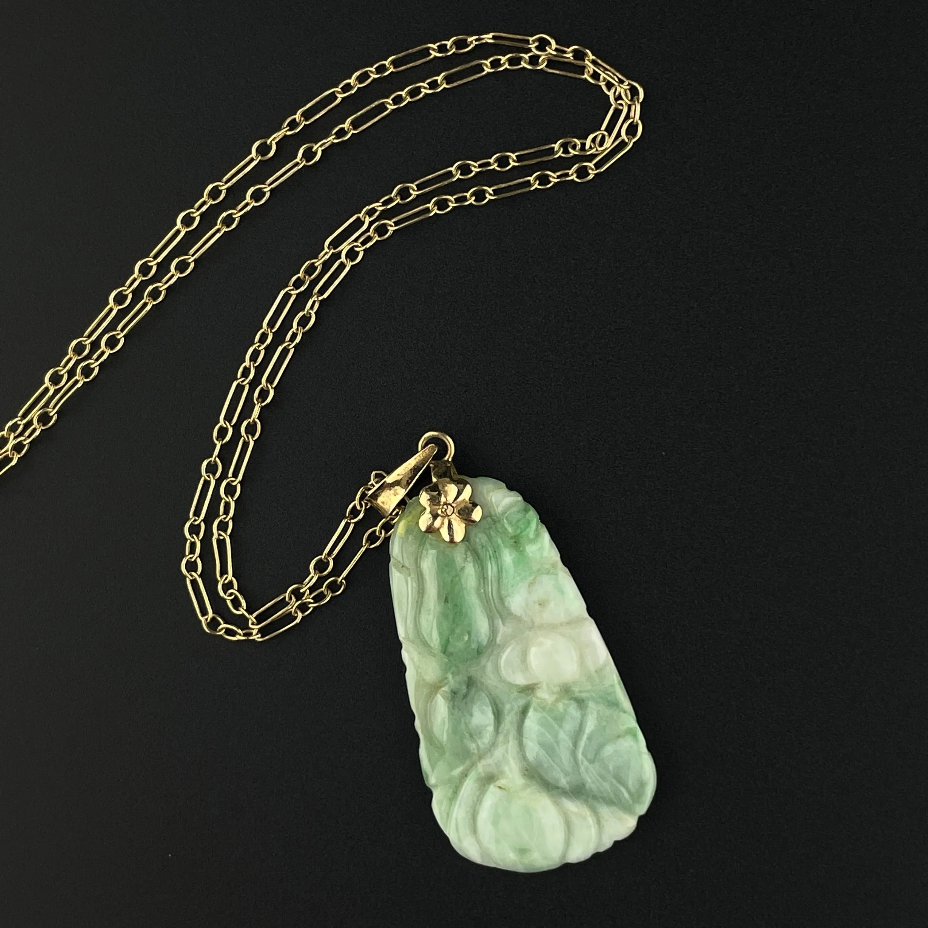 14K Gold Carved Green and White Jade Pendant Necklace