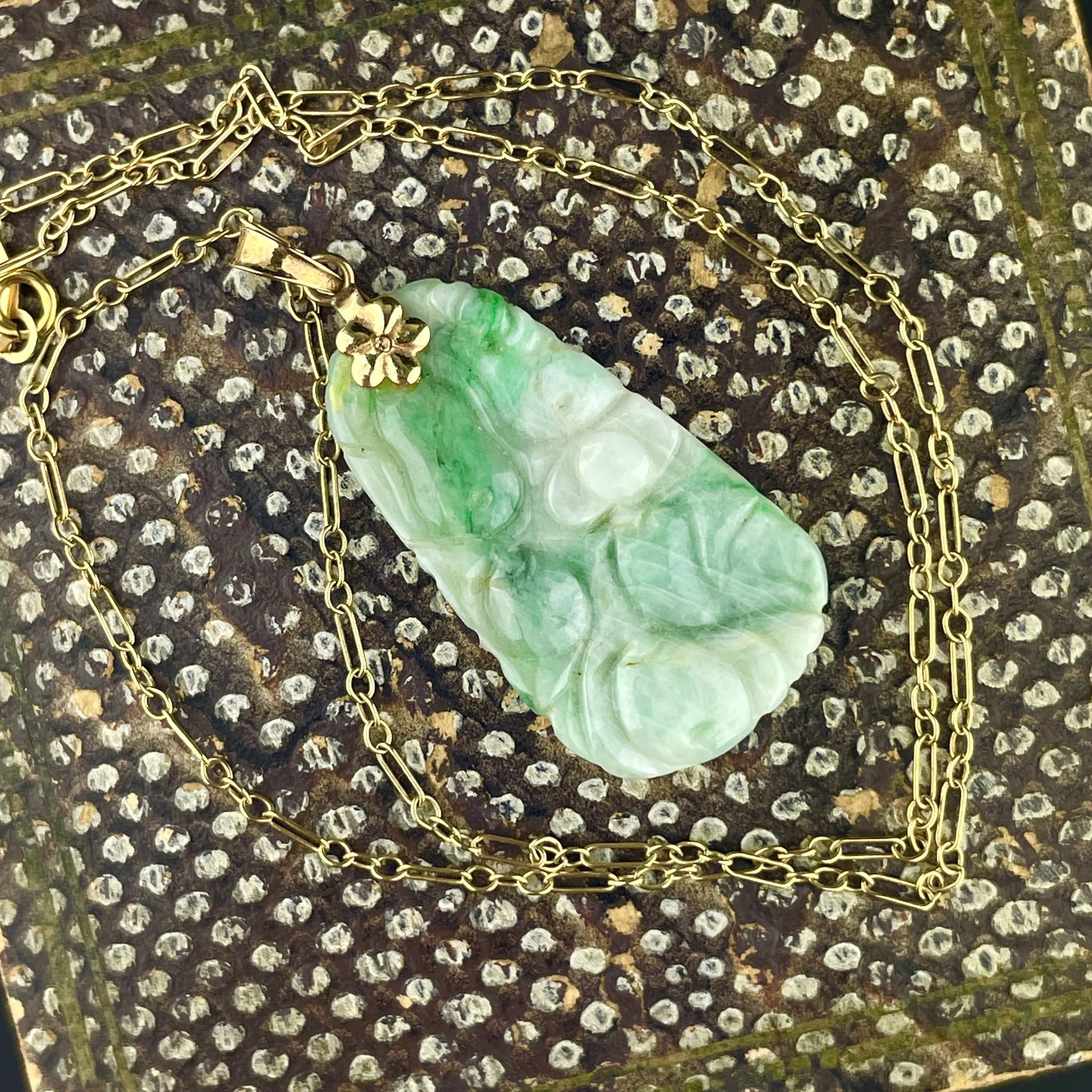 14K Gold Carved Green and White Jade Pendant Necklace