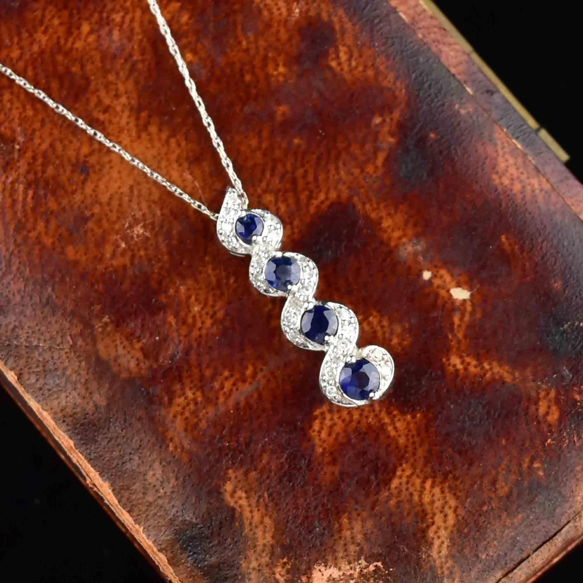 14K White Gold Diamond Sapphire Journey Necklace