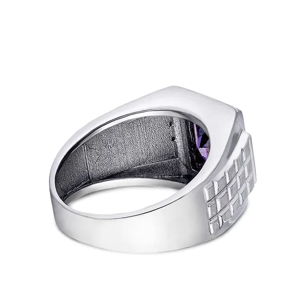 14K White Gold Mens Ring 4 Natural Diamonds Accents and Purple Amethyst