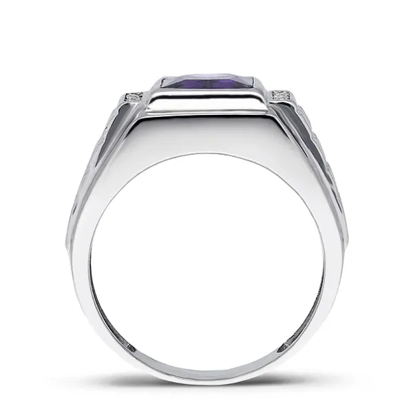 14K White Gold Mens Ring 4 Natural Diamonds Accents and Purple Amethyst