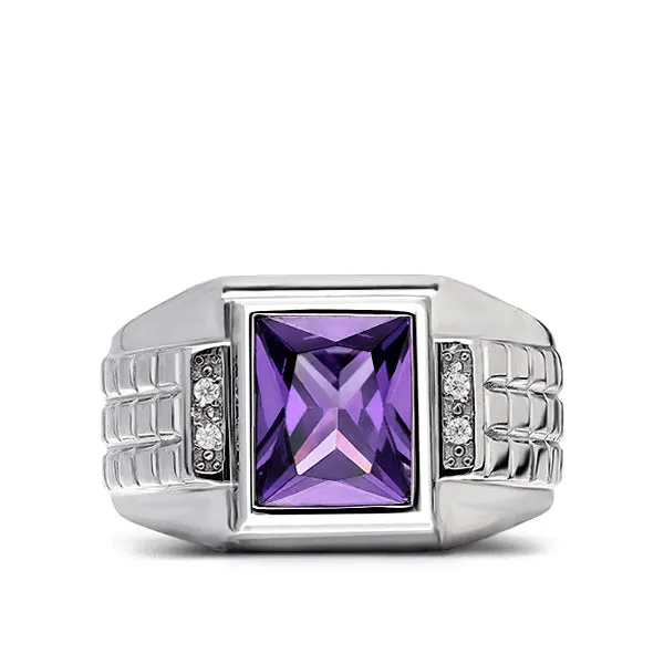 14K White Gold Mens Ring 4 Natural Diamonds Accents and Purple Amethyst