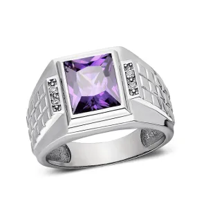 14K White Gold Mens Ring 4 Natural Diamonds Accents and Purple Amethyst