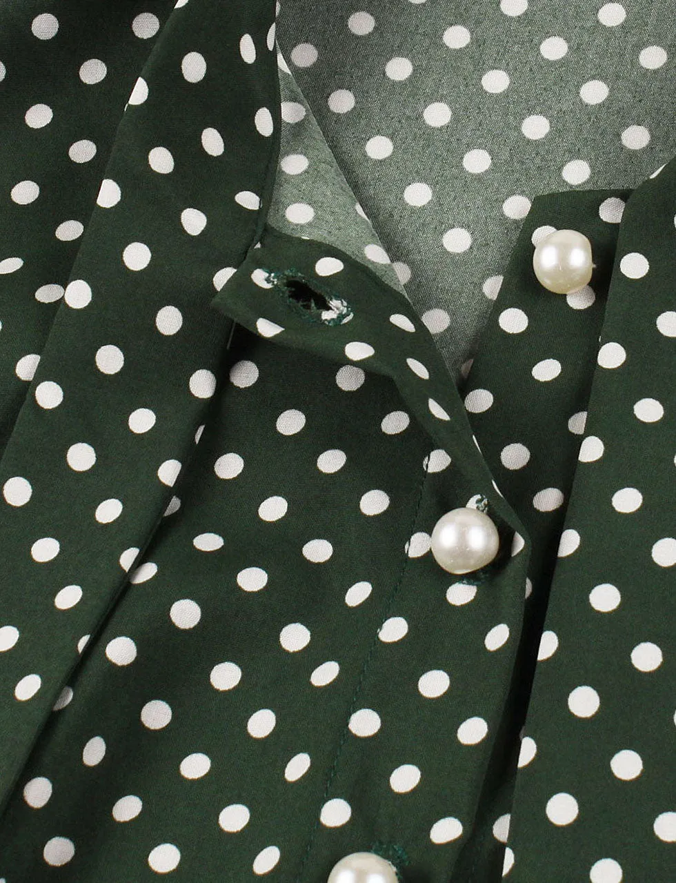 1950s Dark Green Polka Dots Bow Collar Vintage Swing Dress