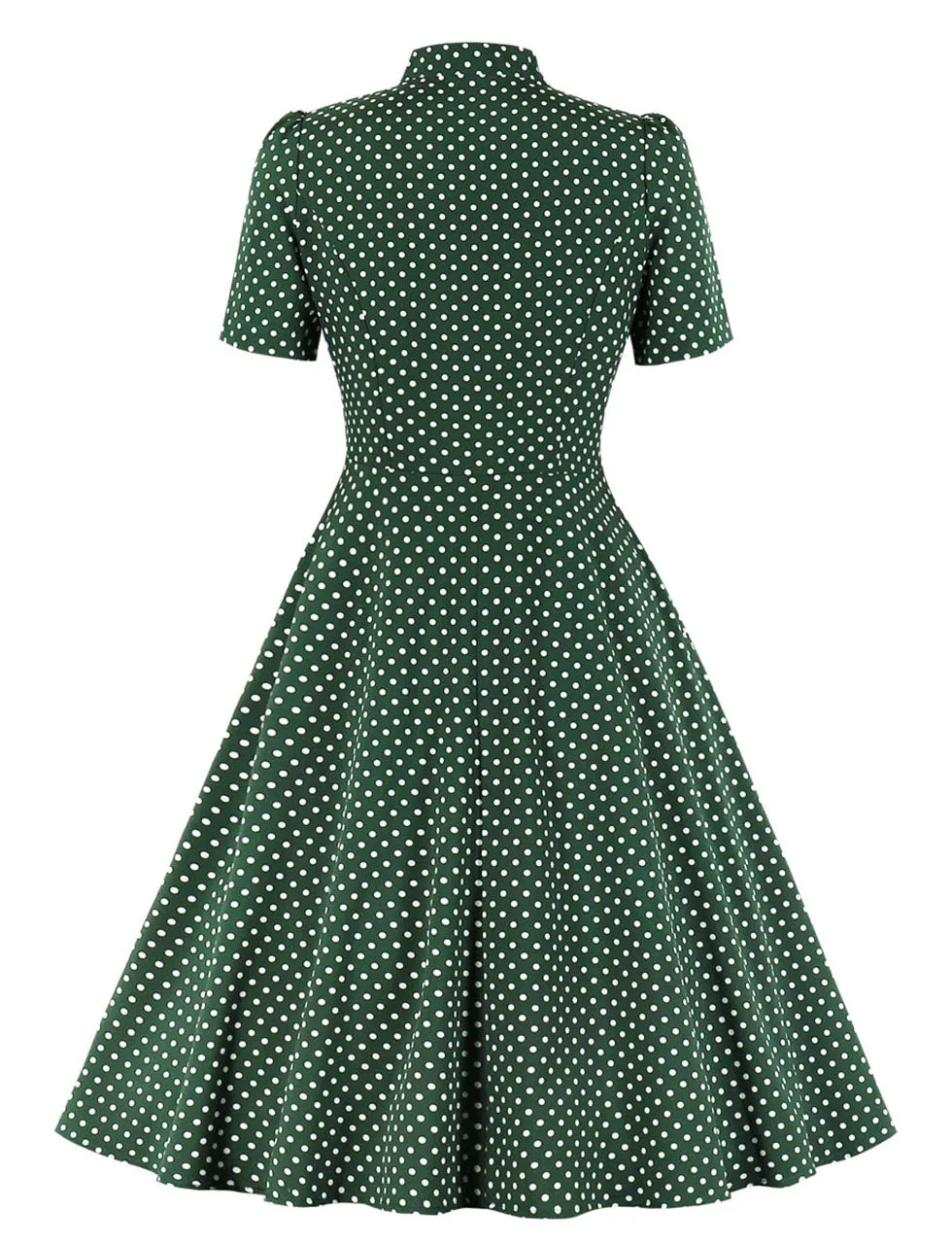 1950s Dark Green Polka Dots Bow Collar Vintage Swing Dress