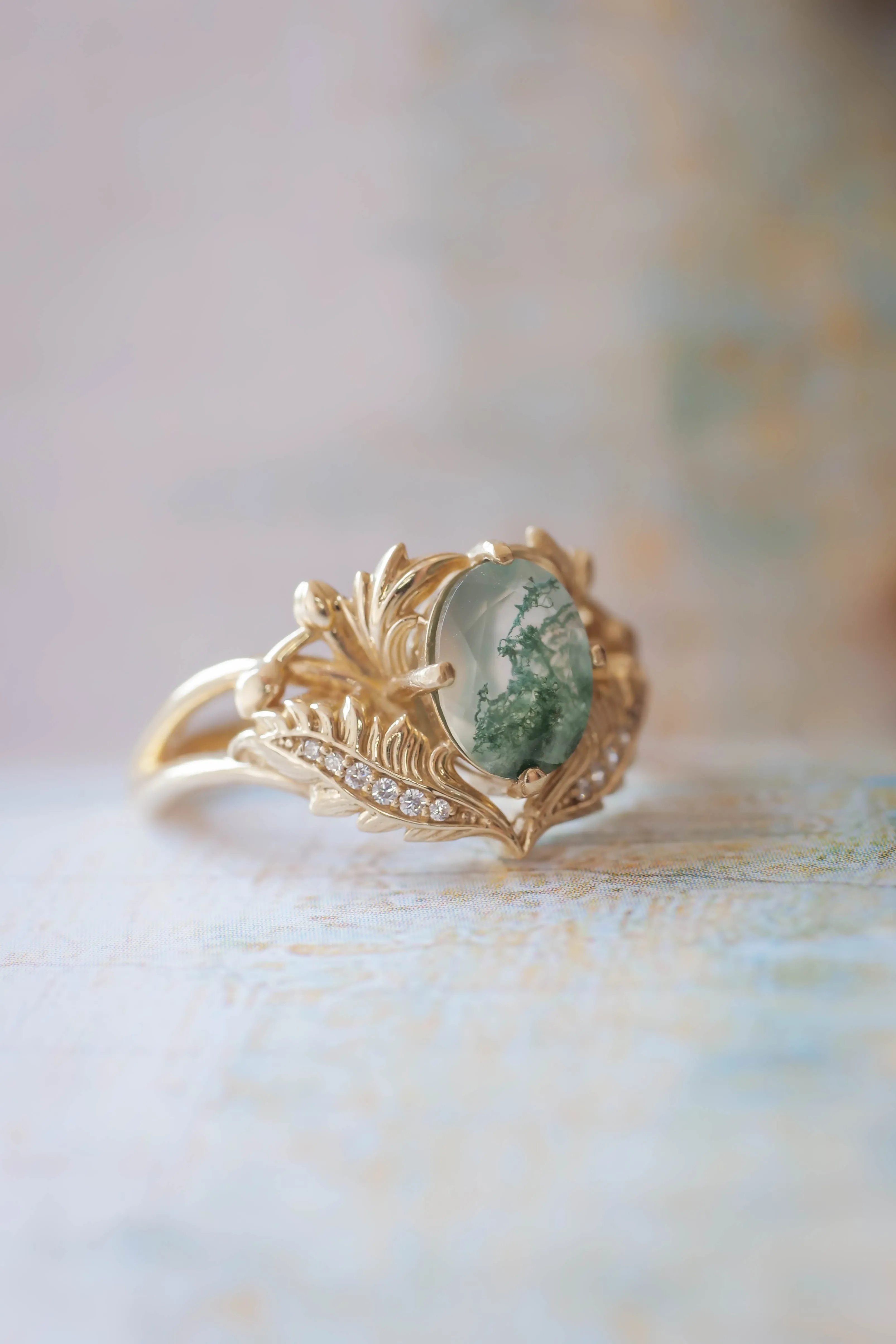 2 instalments payment plan: Moss agate and diamonds engagement ring / Adonis