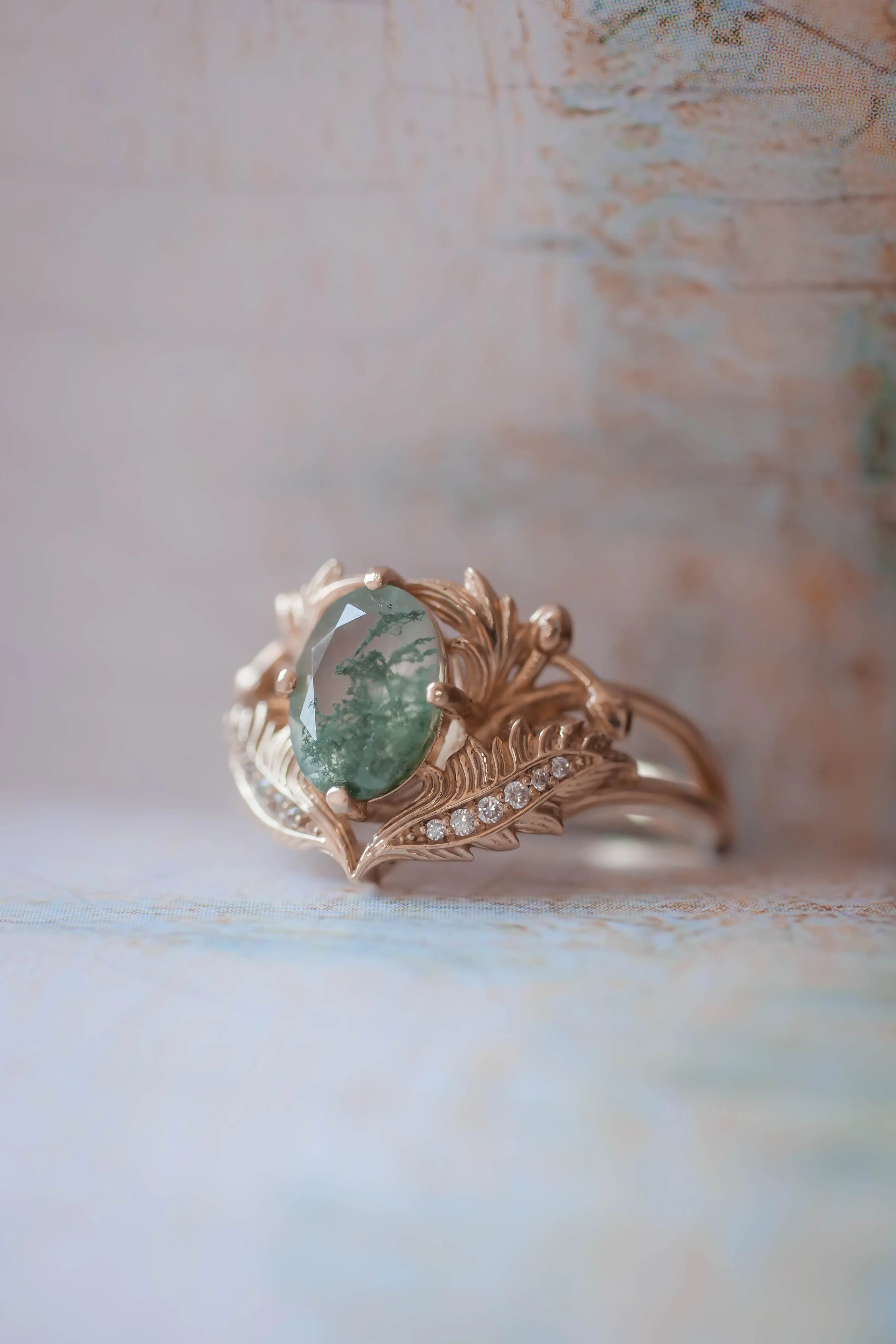 2 instalments payment plan: Moss agate and diamonds engagement ring / Adonis