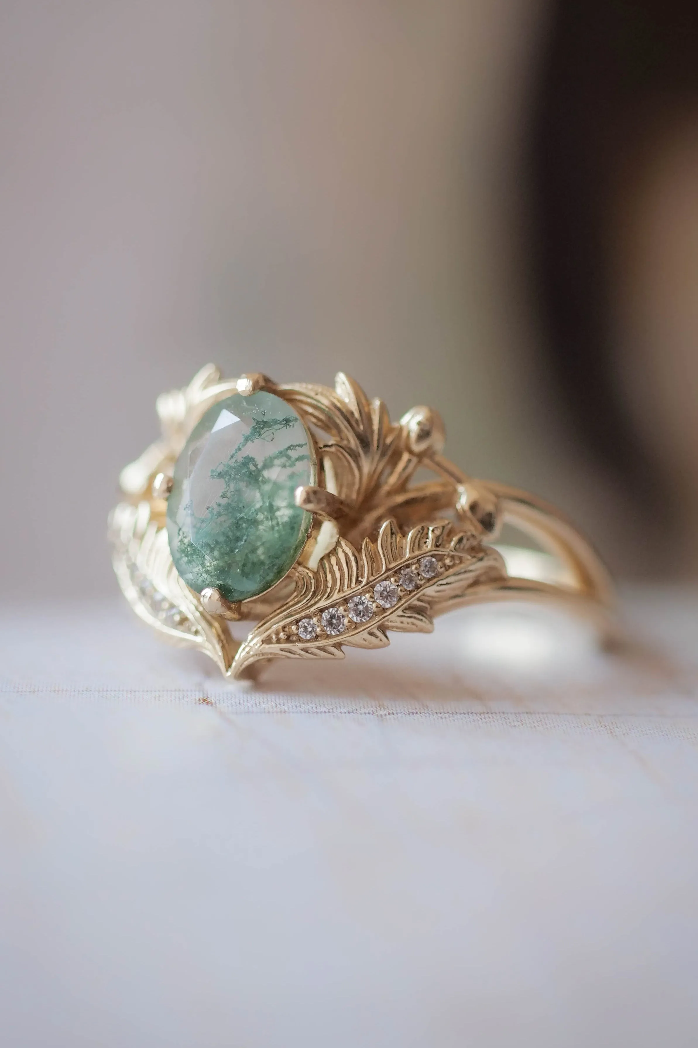 2 instalments payment plan: Moss agate and diamonds engagement ring / Adonis