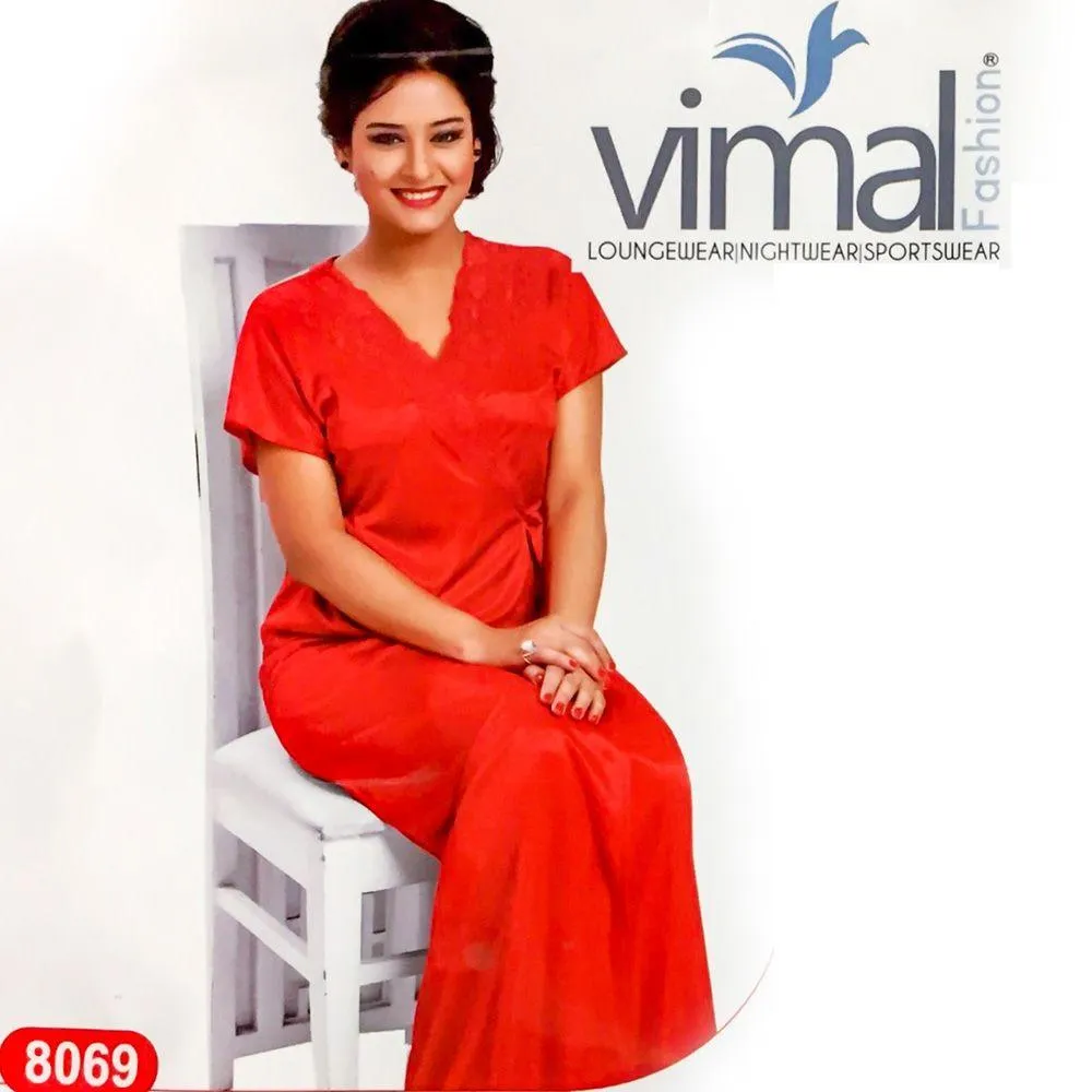 2 Pcs Bridal Red Nighty Set with Gown - V8069 - Satin Silk Nighty by Vimal Fashion