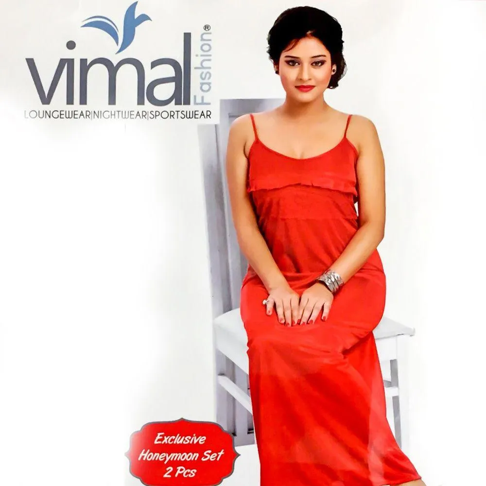 2 Pcs Bridal Red Nighty Set with Gown - V8069 - Satin Silk Nighty by Vimal Fashion