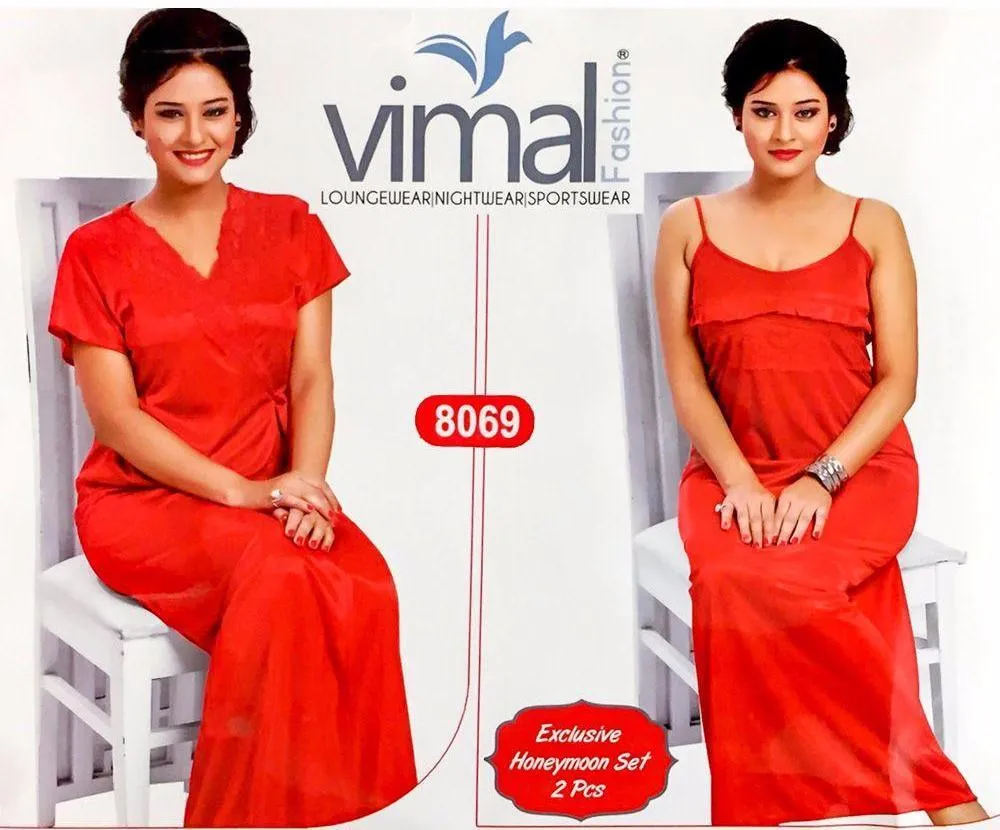 2 Pcs Bridal Red Nighty Set with Gown - V8069 - Satin Silk Nighty by Vimal Fashion