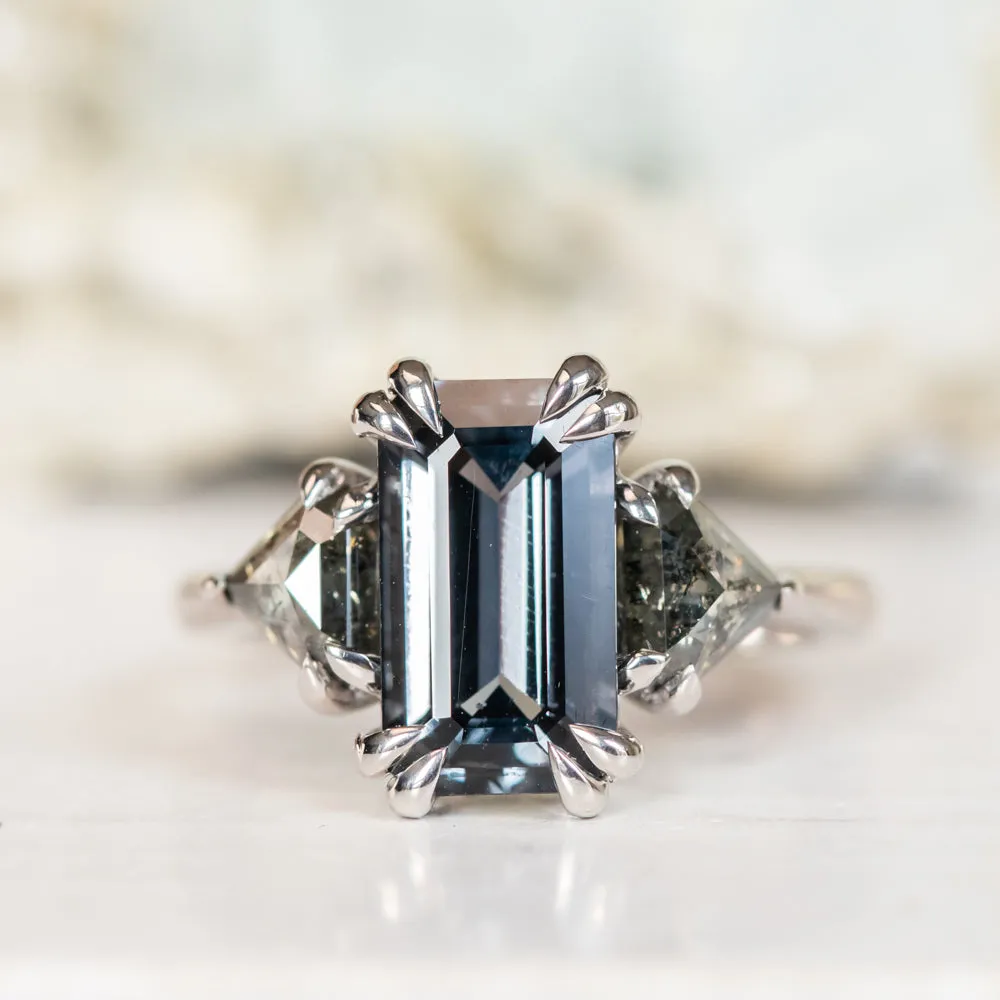 3.16ct Emerald Cut Spinel Three Stone Ring with Rosecut Diamonds in 14k White gold