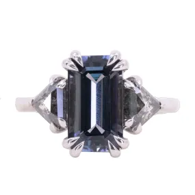 3.16ct Emerald Cut Spinel Three Stone Ring with Rosecut Diamonds in 14k White gold