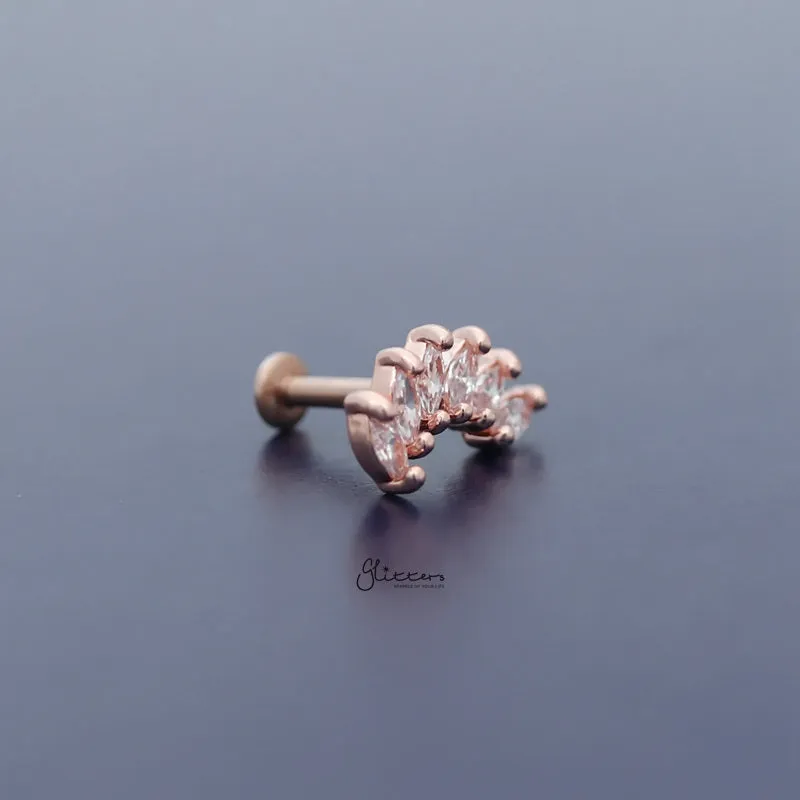 6 Marquise CZ Set Curve Top Cartilage/Tragus Flat Back Studs - Rose Gold