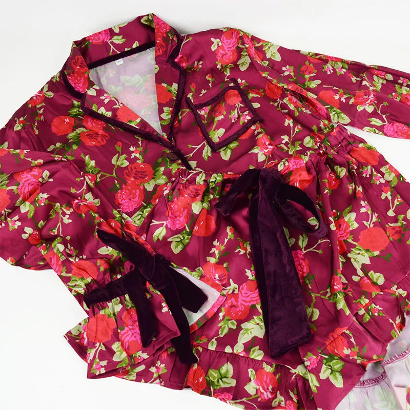 8 OAK LANE | Luxe Satin Ruffle Short PJ Set - Burgundy Floral