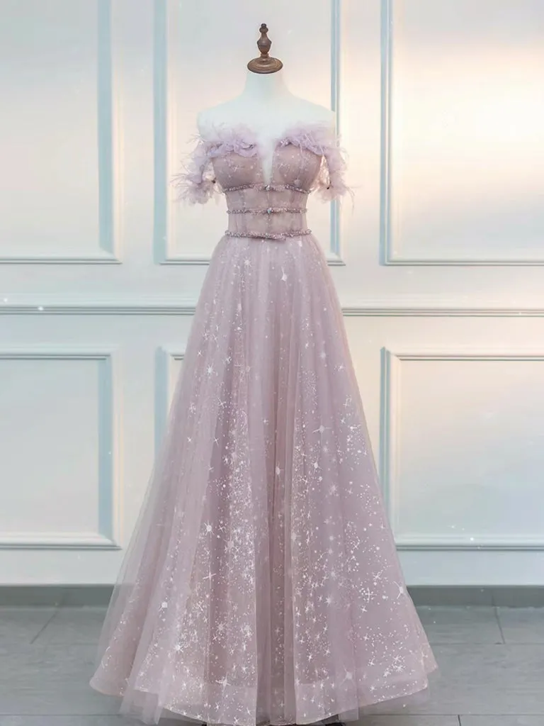 A-Line  Off Shoulder Tulle Pink Long Prom Dress, Pink Graduation Dress with Beads