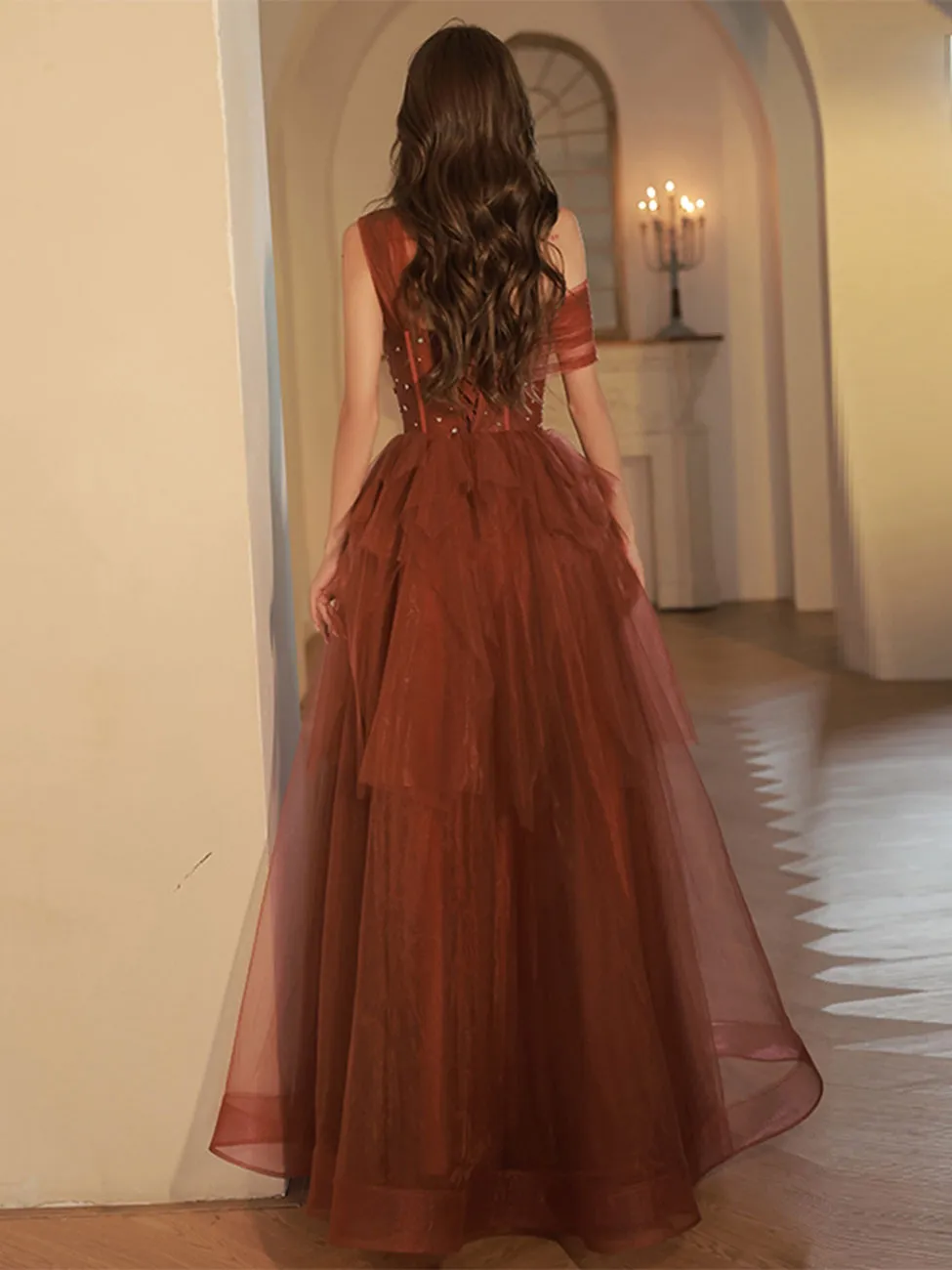 A Line One Shoulder Tulle Long Burgundy Prom Dresses, Burgundy Formal Graduation Dress With Sequin Beading