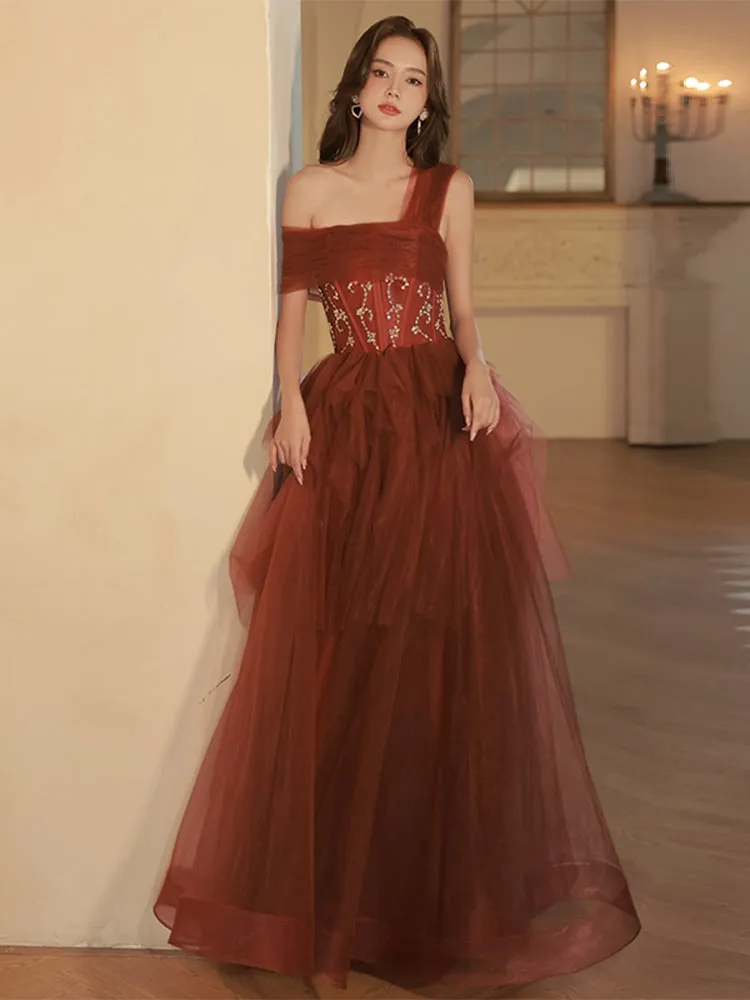 A Line One Shoulder Tulle Long Burgundy Prom Dresses, Burgundy Formal Graduation Dress With Sequin Beading