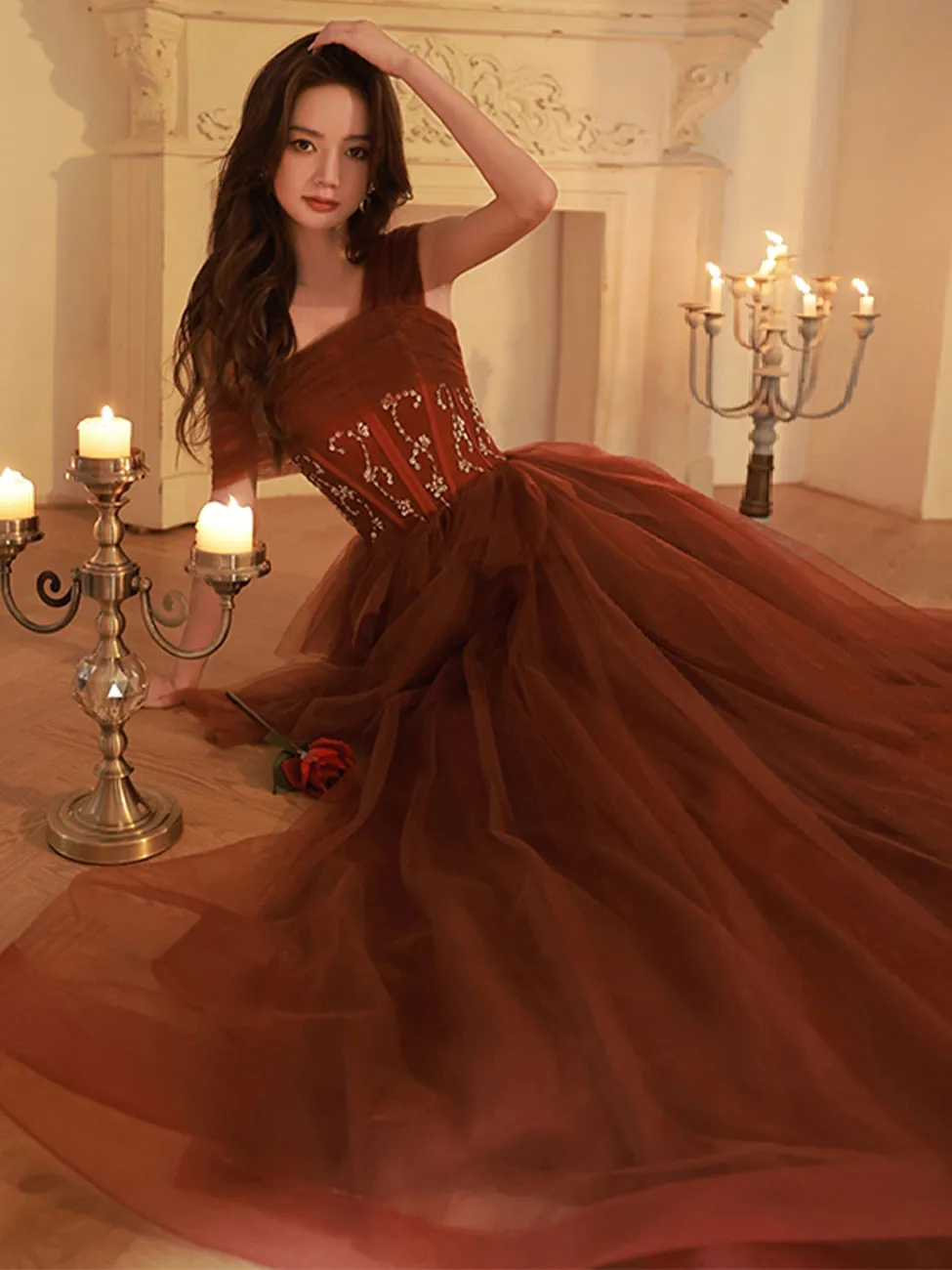 A Line One Shoulder Tulle Long Burgundy Prom Dresses, Burgundy Formal Graduation Dress With Sequin Beading