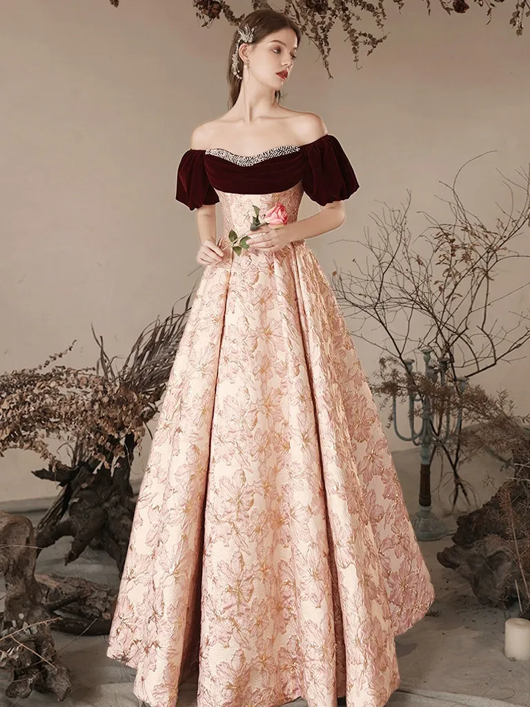 A-Line Pink Satin Velvet Long Prom Dress, Pink Long Formal Dress