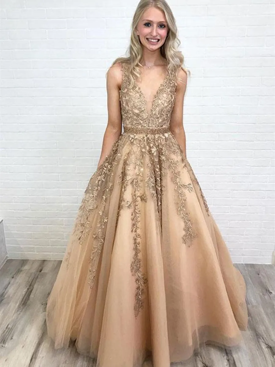 A Line V Neck Lace Tulle Long Prom Dresses, V Neck Lace Formal Graduation Dresses, Lace Evening Dresses