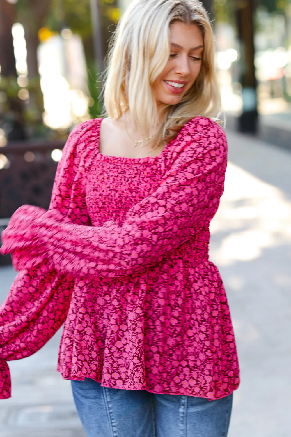 Always With You Fuchsia Smocked Ditzy Floral Ruffle Top