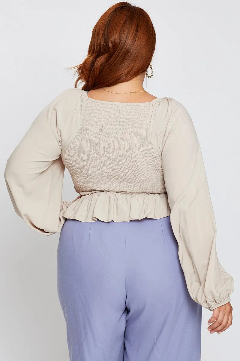 Beige Long Sleeve Shirred Top