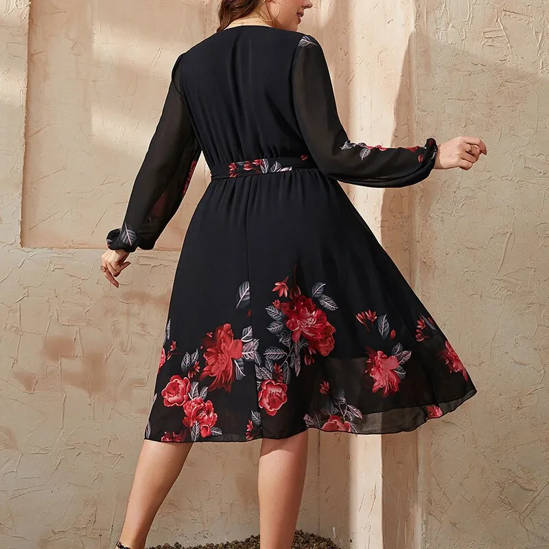 BerriesJam - 2024 Plus Size V Neck Long Sleeve Loose Floral Midi Dress