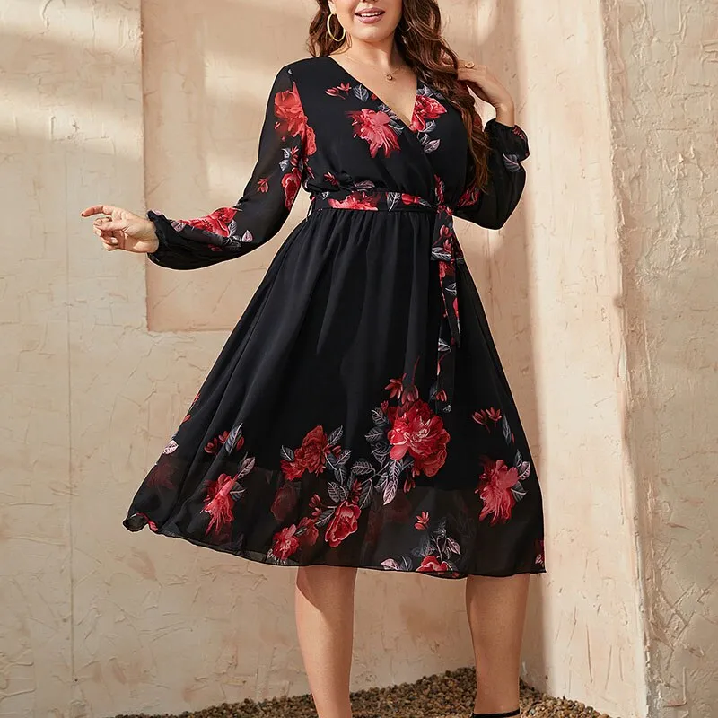 BerriesJam - 2024 Plus Size V Neck Long Sleeve Loose Floral Midi Dress