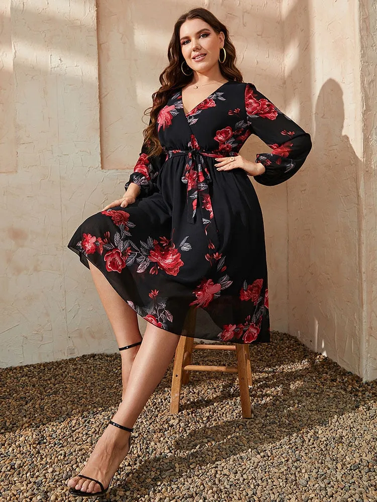 BerriesJam - 2024 Plus Size V Neck Long Sleeve Loose Floral Midi Dress