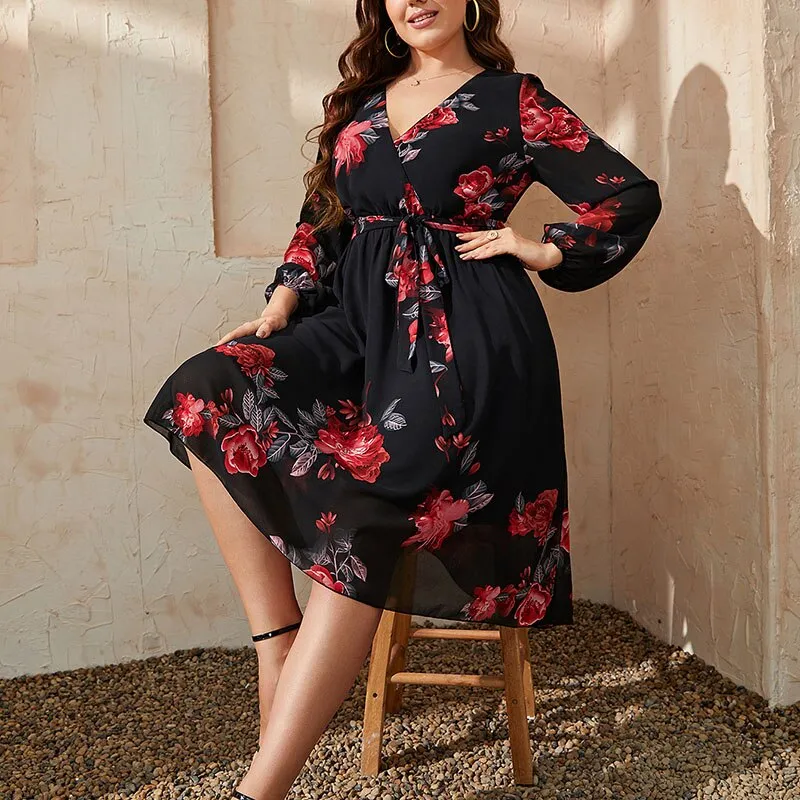 BerriesJam - 2024 Plus Size V Neck Long Sleeve Loose Floral Midi Dress