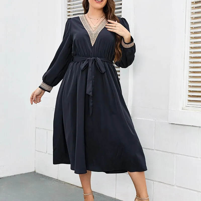 BerriesJam - 2024 Plus Size V Neck Long Sleeve Loose Floral Midi Dress