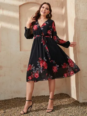 BerriesJam - 2024 Plus Size V Neck Long Sleeve Loose Floral Midi Dress