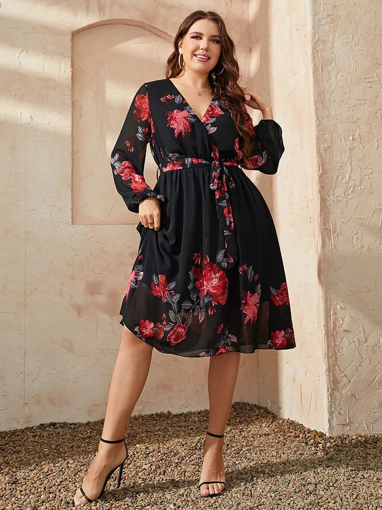 BerriesJam - 2024 Plus Size V Neck Long Sleeve Loose Floral Midi Dress