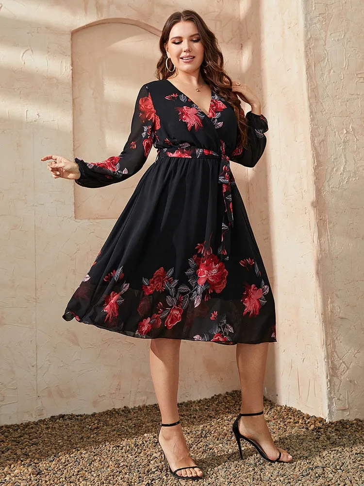 BerriesJam - 2024 Plus Size V Neck Long Sleeve Loose Floral Midi Dress