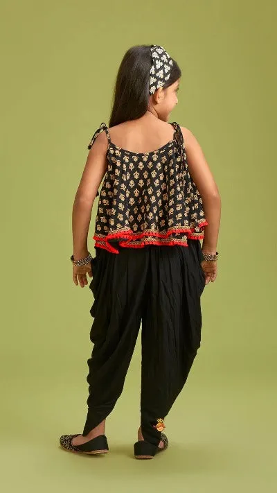 Black Cotton Printed Kids Dhoti Kurta Set