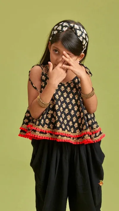 Black Cotton Printed Kids Dhoti Kurta Set