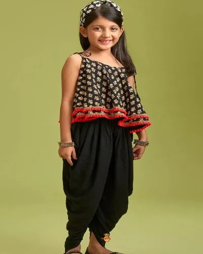 Black Cotton Printed Kids Dhoti Kurta Set