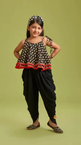 Black Cotton Printed Kids Dhoti Kurta Set