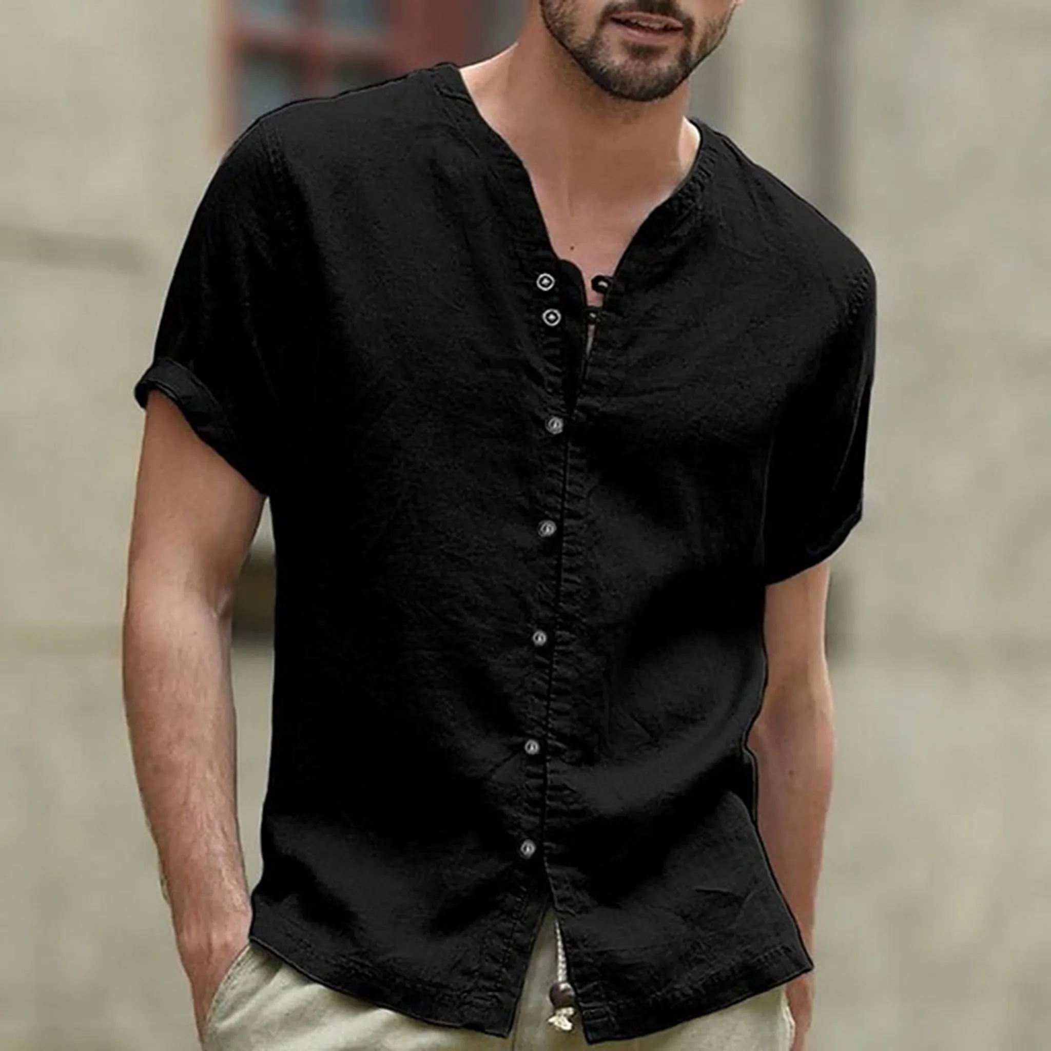 Black Retro-style Cotton Holiday Shirt For Men