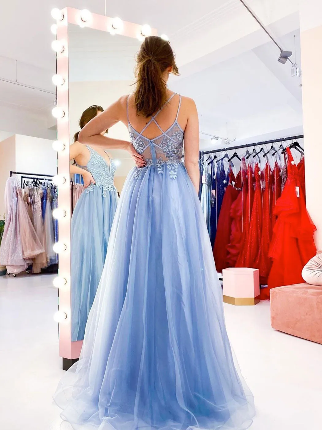 Blue v neck tulle lace long prom dress, blue tulle evening dress