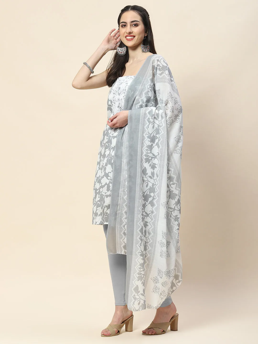 Chikan Print Cotton Unstitched Suit Piece With Dupatta