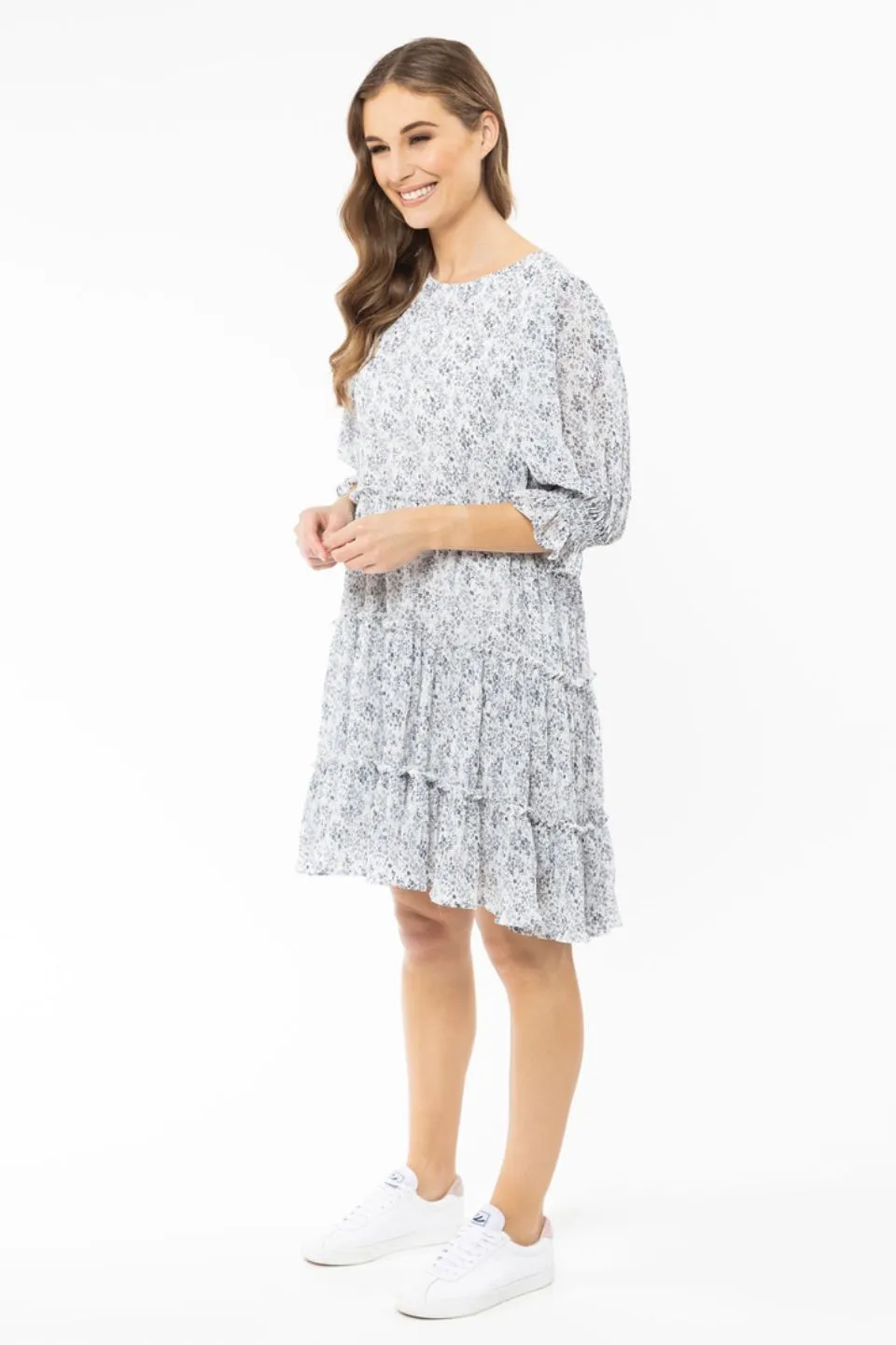 Claire Blue Ditsy Crinkle Tiered SS Mini Dress