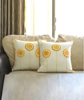 Cream sunflower handembroidered crochet cushion cover