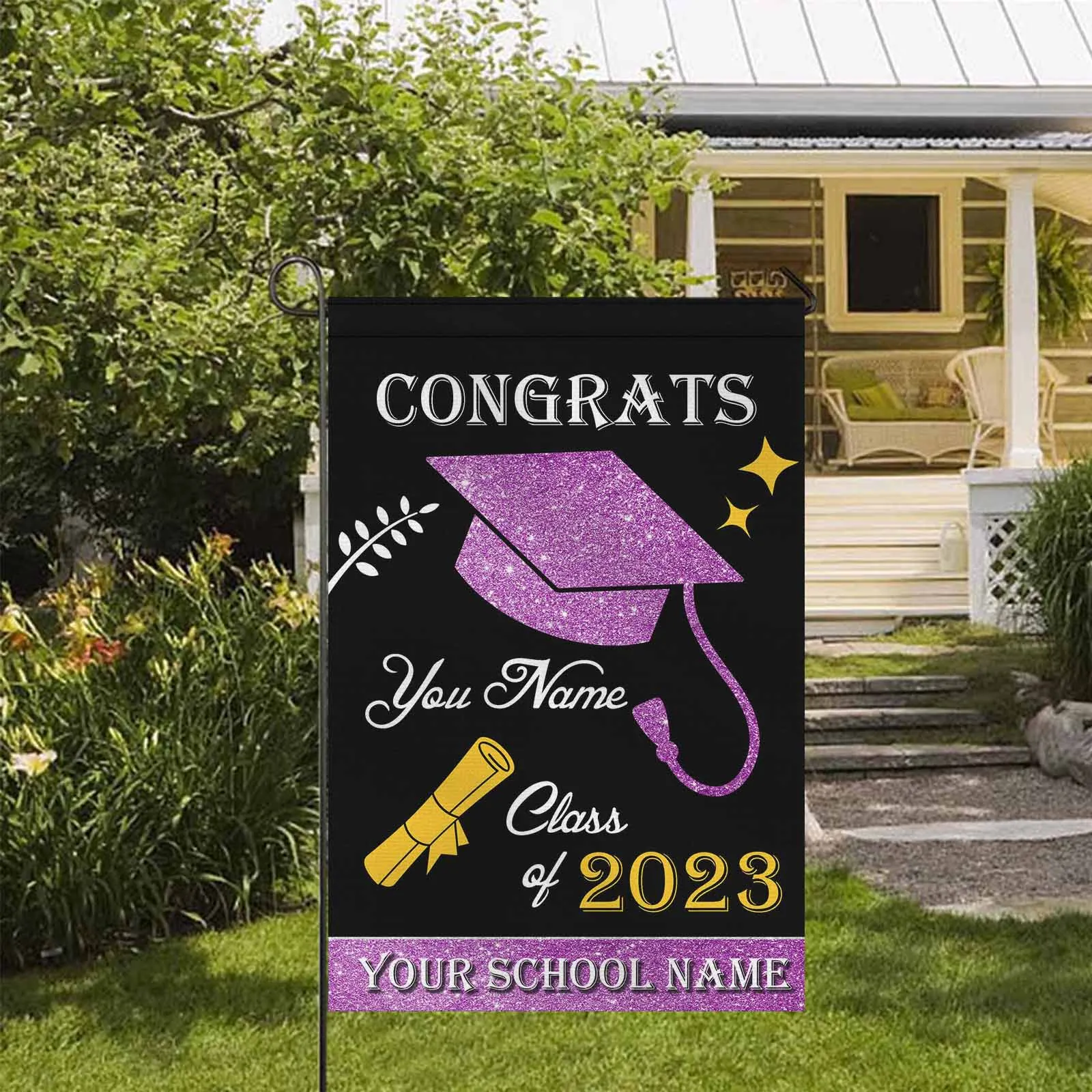 Custom Photo&Name Black and Purple Class Of 2023 Graduation Garden Flag Graduation Gift Decorations