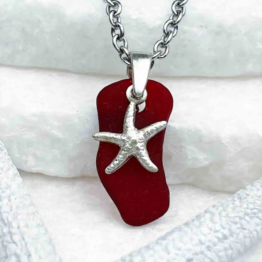 Deep Red Sea Glass Pendant with Sterling Silver Starfish Charm | 5239